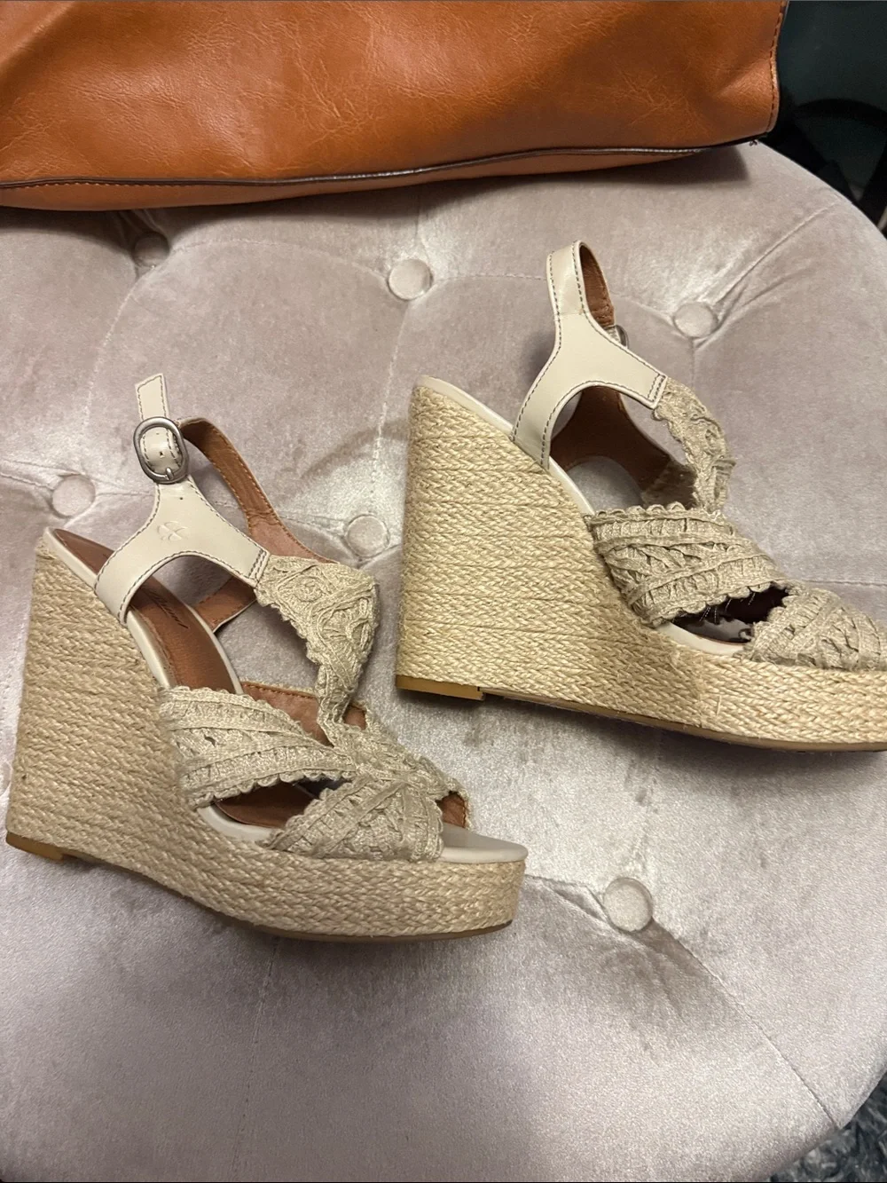 Lucky Brand Beige Macrame Braided Espadrille Wedge Sandals